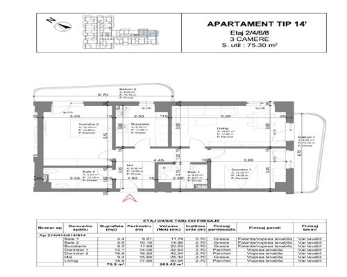 Apartament 3 cam, decomandat, 90.67 mp, de vanzare,bloc nou in zona Galata, (Arcadia)