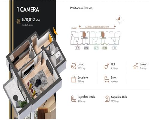 Apartament 1 camera,46.36 mp,bloc nou,zona Nicolina Selgros