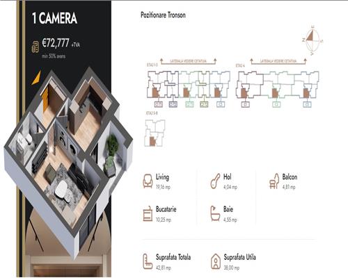 Apartament 1 camera,42.55 mp,bloc nou,zona Nicolina Selgros