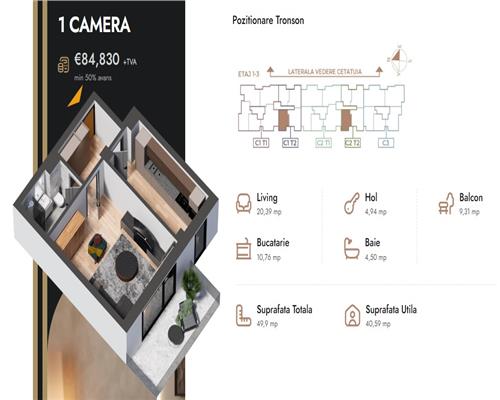 Apartament 1 camera,49,9 mp,bloc nou,zona Nicolina Selgros