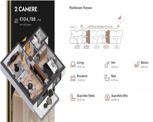 Apartament 2 camere,61.64 mp,bloc nou,zona Nicolina Selgros