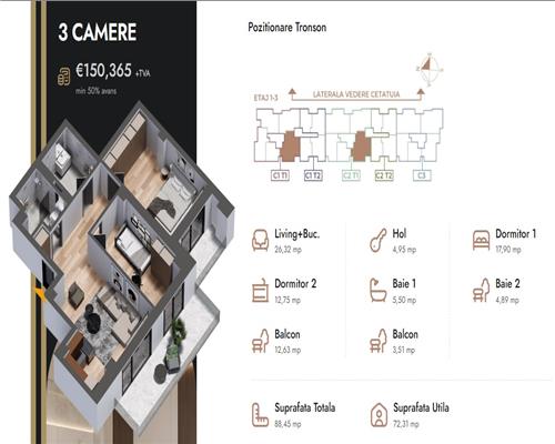 Apartament 3 camere,88.45 mp,bloc nou,zona Nicolina Selgros