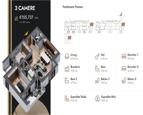 Apartament 3 camere,91.61 mp,bloc nou,zona Nicolina Selgros