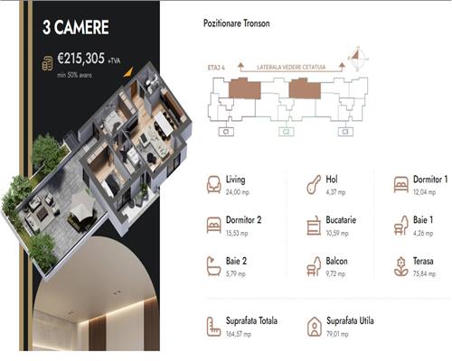 Apartament 3 camere cu terasa,167.57 mp,bloc nou,zona Nicolina Selgros