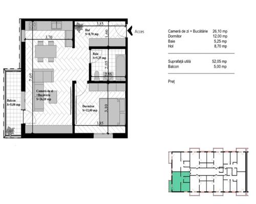 Apartament 2 cam dec, 57 mp etaj intermediar zona Bucium  Visan